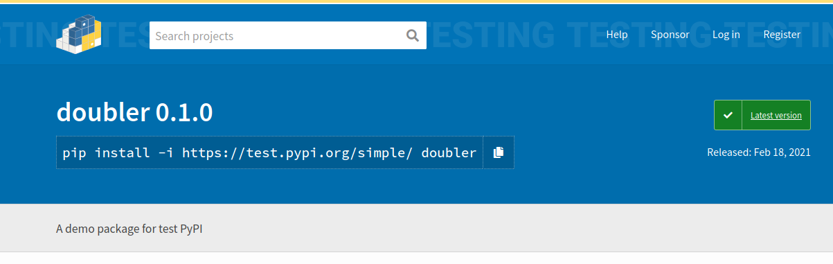 Test PyPI search results for "doubler" package is now present